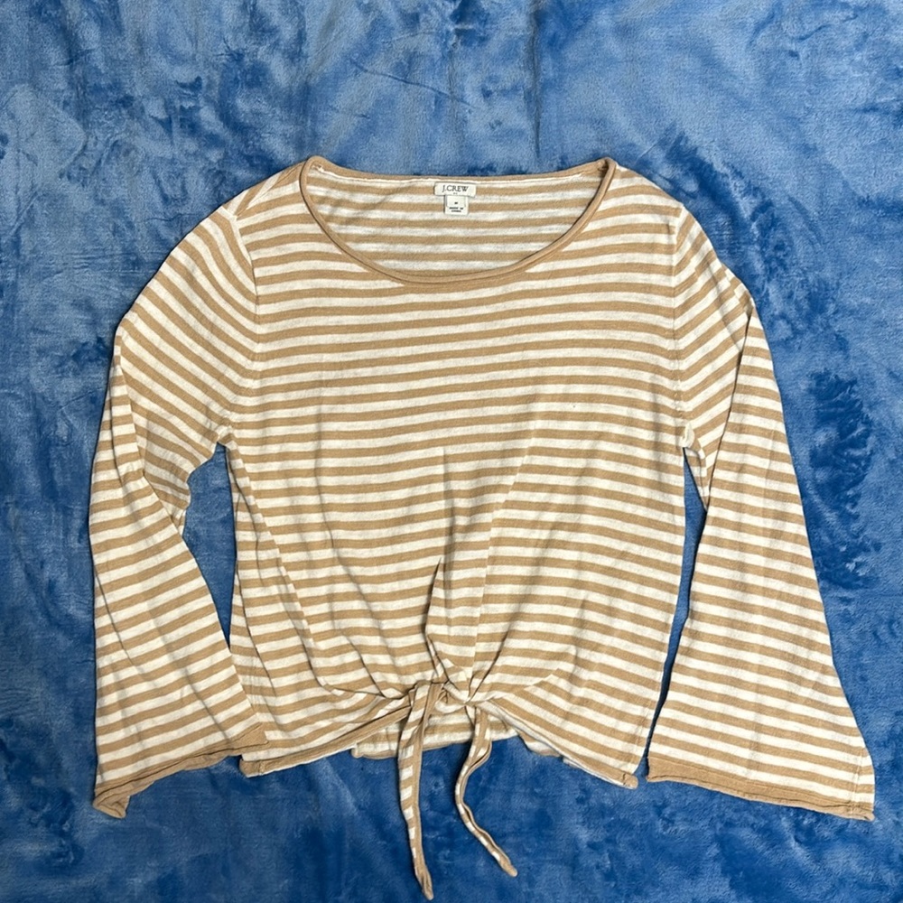 J Crew scoop neck sweater with tie at waist.  Size medium in white & tan stripe